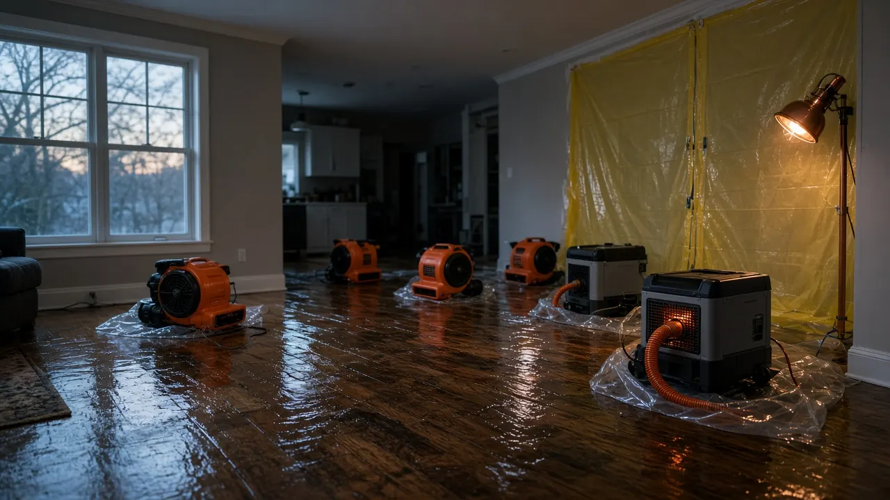 Air movers and dehumidifiers on a drying setup