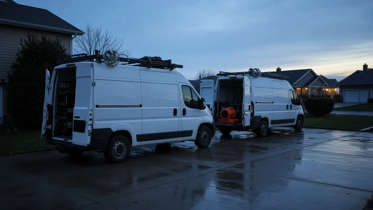 Restoration work vans staged for a call